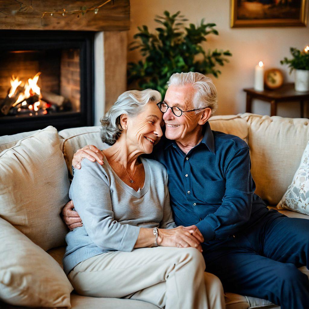 A whimsical yet sensual scene of an elderly couple playfully embracing in a cozy, warmly-lit living room. The couple, with gray hair and cheerful expressions, surrounded by romantic decor like soft pillows, a glass of wine, and a fireplace flickering in the background. Subtle hints of laughter and passion in their body language illustrate a profound connection. The scene evokes intimacy and joy while celebrating love in later years. vibrant colors. soft-focus. intimate atmosphere.
