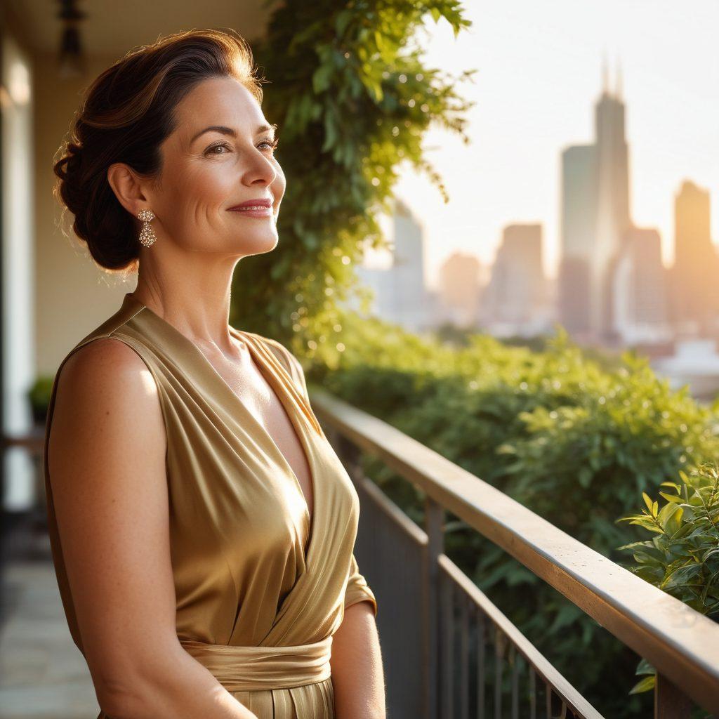 A captivating scene featuring a sophisticated woman in her 40s with an air of confidence, exuding charm and allure. She stands on a sunlit terrace draped in elegant attire, surrounded by lush greenery and soft, golden hour light. The background includes a hint of a stylish city skyline, suggesting urban sophistication. Emphasize her enchanting smile and inviting posture, reflecting maturity and grace. super-realistic. vibrant colors. soft focus.