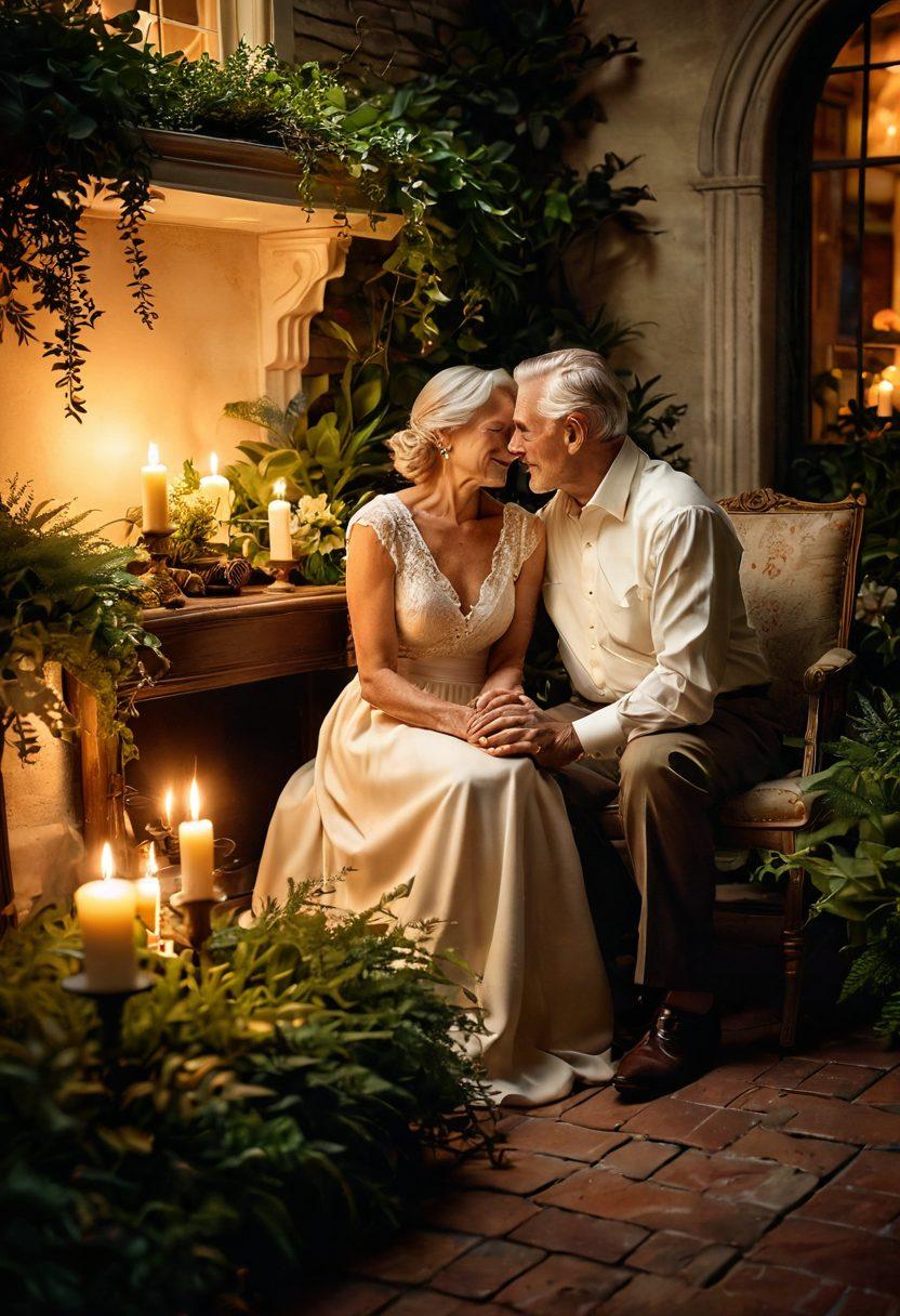 A romantic scene highlighting an elegant, older couple sharing an intimate moment in a cozy setting, surrounded by soft candlelight and rich textures, emphasizing their deep connection and passion. The background features lush greenery subtly suggesting a garden, with soft, warm colors illuminating their joyful expressions. Include hints of vintage decor to evoke nostalgia and allure. super-realistic. warm tones. soft focus.